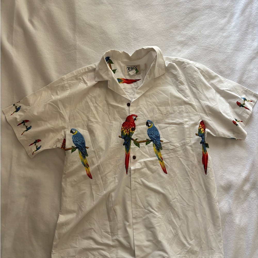 KY’S Parrot Print Hawaiian Shirt XL – Made in USA – Colorful Tropical Birds